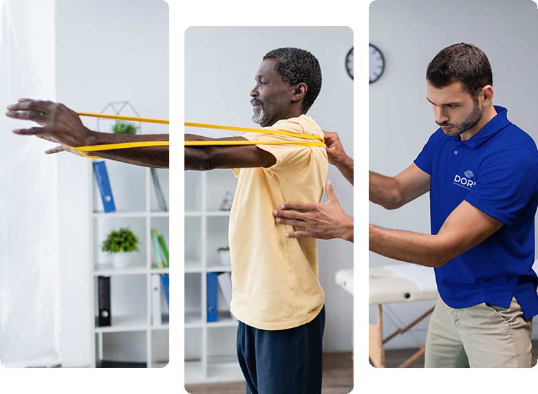 DORN specialist assisting a man with resistance band exercises as part of a work hardening program to rebuild strength and function for job readiness