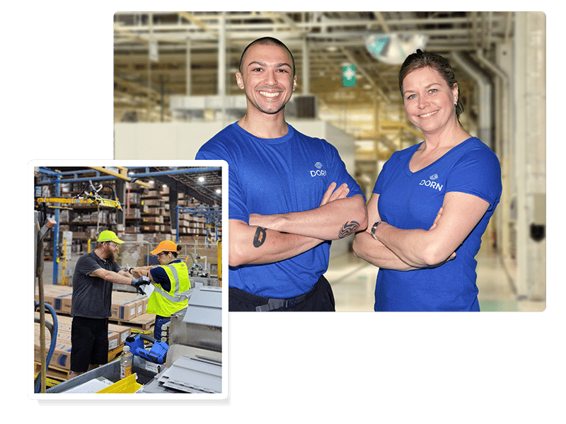 Two DORN team members smiling confidently in a warehouse setting, wearing branded blue shirts; inset image shows safety professionals assisting workers on a factory floor, demonstrating hands-on ergonomic support and workplace injury prevention.