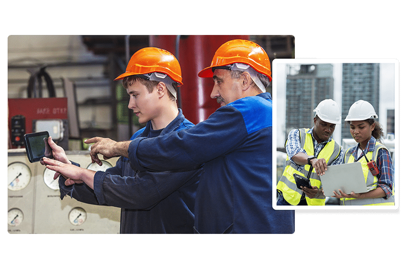 Two industrial workers reviewing equipment data on a tablet, with an inset showing a safety team analyzing compliance data on a laptop outdoors.