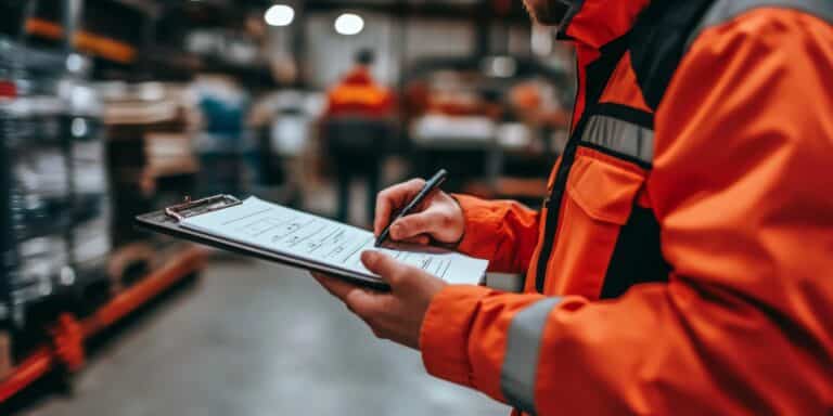 Safety officer performing a thorough safety audit in a factory setting